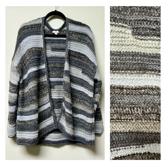 J. JILL Intarsia Cardigan Sweater Chunky Textured Knit Gray, Sz LP - Picture 2 of 11